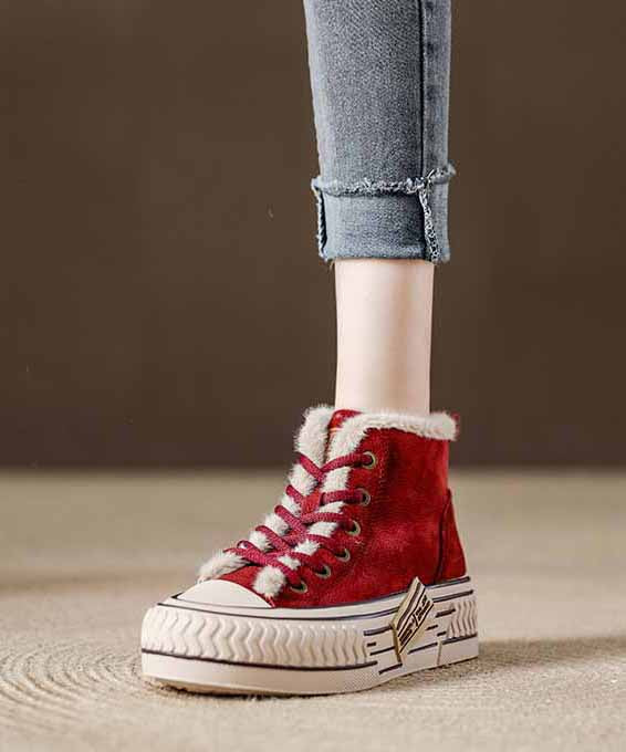 Splicing Platform Flats Red Cowhide Leather Fuzzy Wool Lined