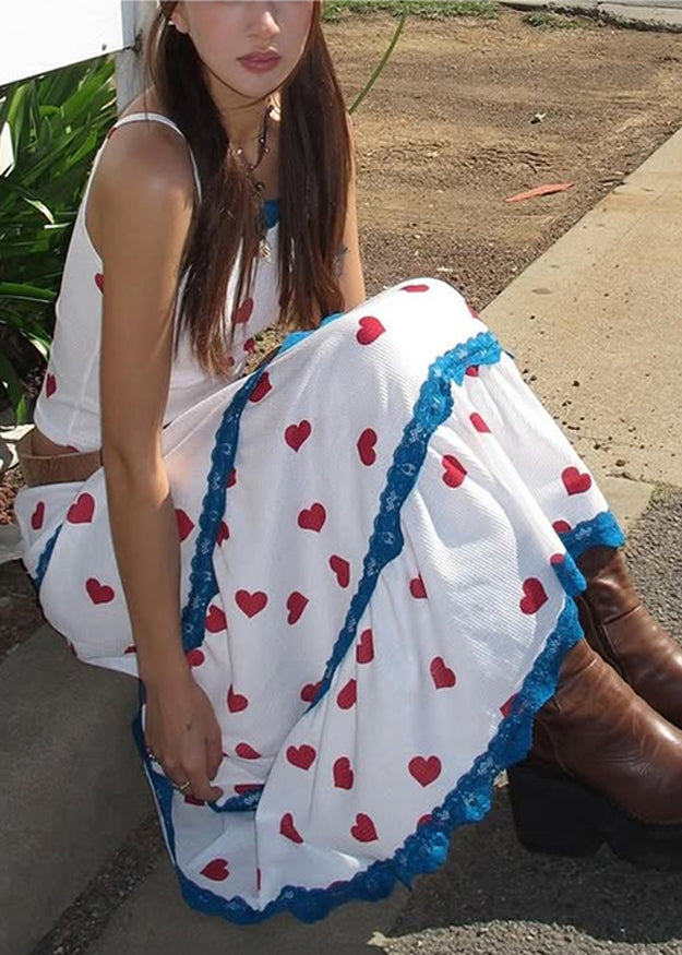 White Print Vest and Maxi Skirts Two Pieces Set Summer