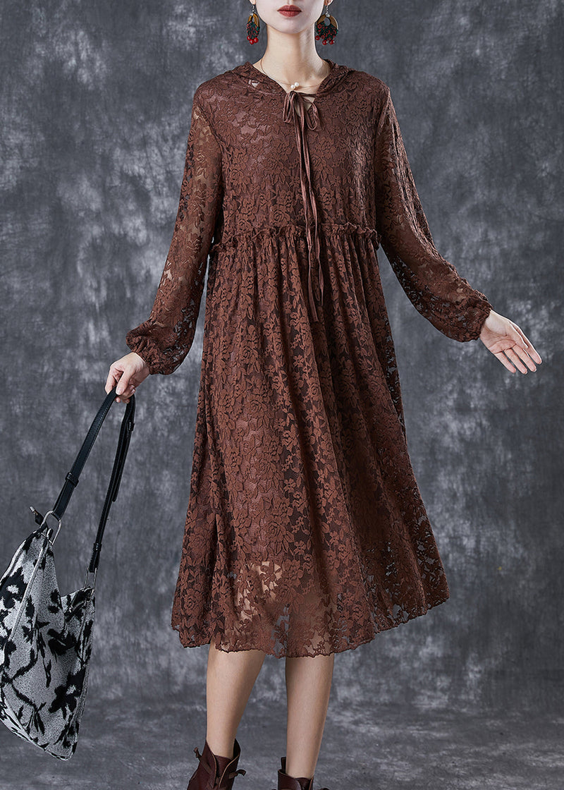Chocolate Ruffled Hollow Out Lace Long Dresses Fall