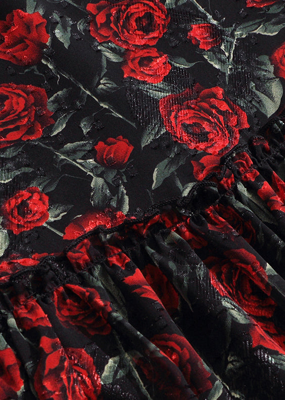 Red O-neck Print Wrinkled Chiffon Shirt Long Sleeve