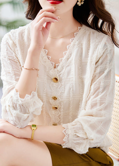 Black V Neck Lace Patchwork Chiffon Shirt Top Fall