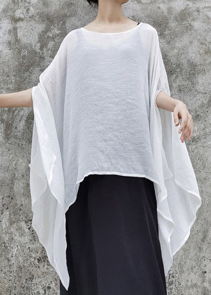 Natural White O-neck Linen Loose Tops Short Sleeve