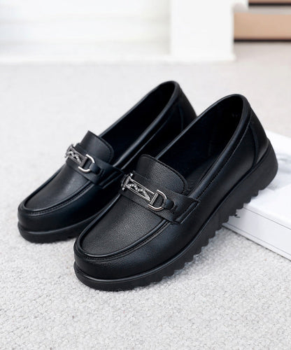 Black Cowhide Leather Splicing Flat Feet Shoes