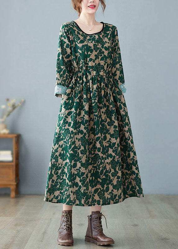 Green O-neck Print Linen Dress Spring