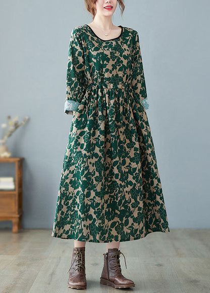 Green O-neck Print Linen Dress Spring