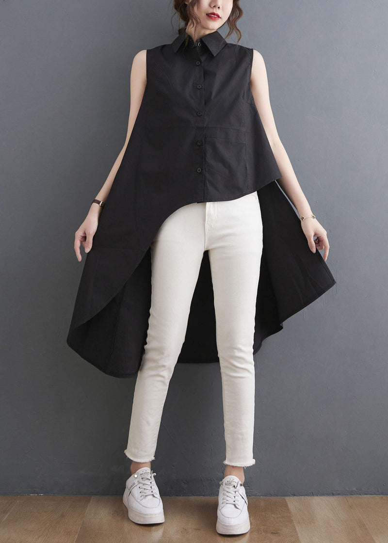 Simple Black Asymmetrical Design Low High Design Summer Blouses