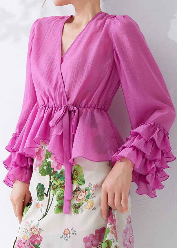 Pink Ruffled Lace Up Cotton Shirt Long Sleeve