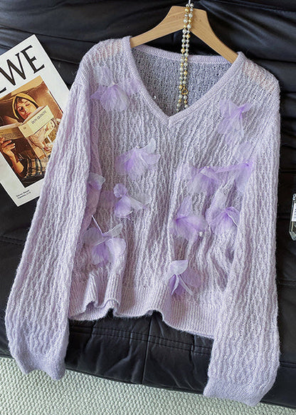 Unique Lavender V Neck Decorated Knit Pullover Fall