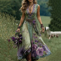 Vintage Purple Floral V Neck Sleeveless Maxi Dress artswardrobe