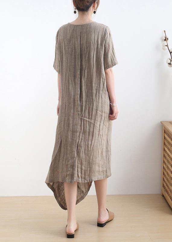 Diy Khaki Asymmetrical Design V Neck Long Summer Linen Dress