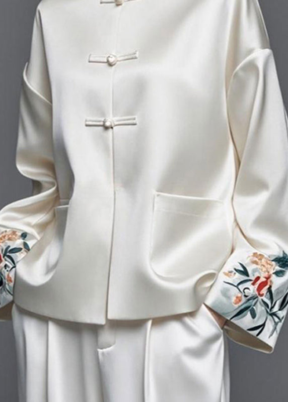 Modern White Embroidered Patchwork Silk Cotton Spring Coats