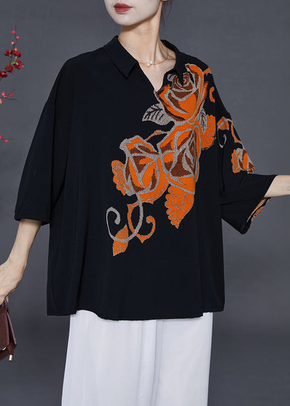 Black Oversized Print Silk Shirts Bracelet Sleeve