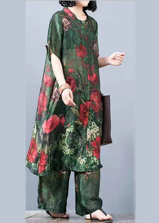 French Green Stand Collar Print Silk Dress and Wide Leg Pants Two Pieces Set Summer