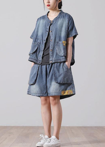 Button Blue Short Sleeve Tops Hot Pants Denim Two Piece Suit Set