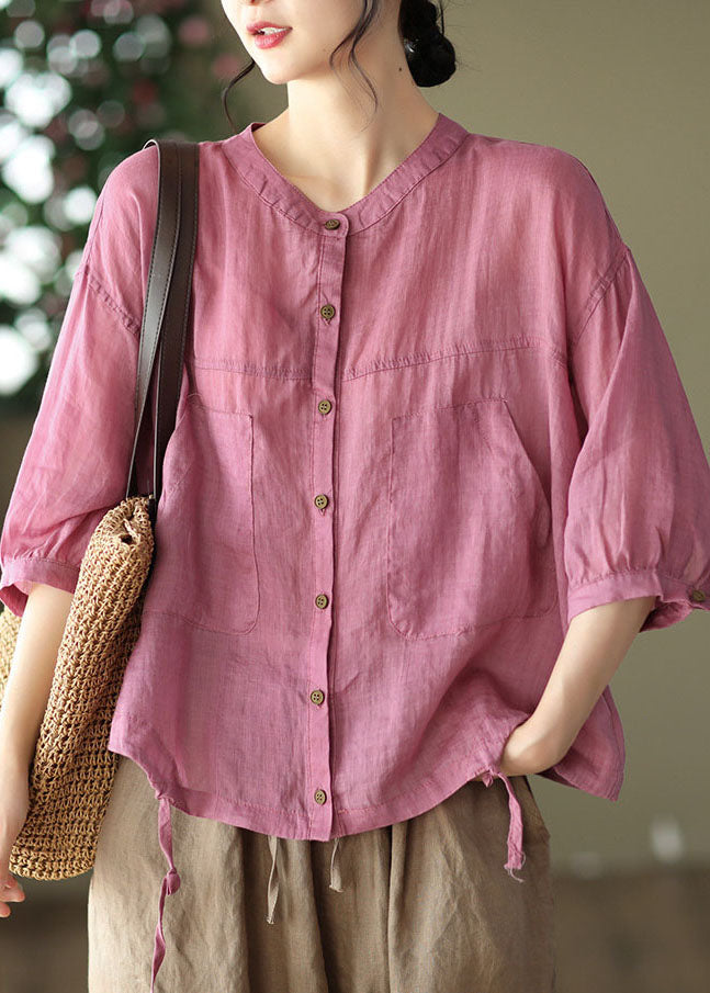 Rose O-neck Patchwork Linen Tops Bracelet Sleeve