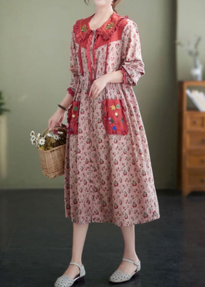 New Pink Ruffled Print Laceup Cotton Dress Spring