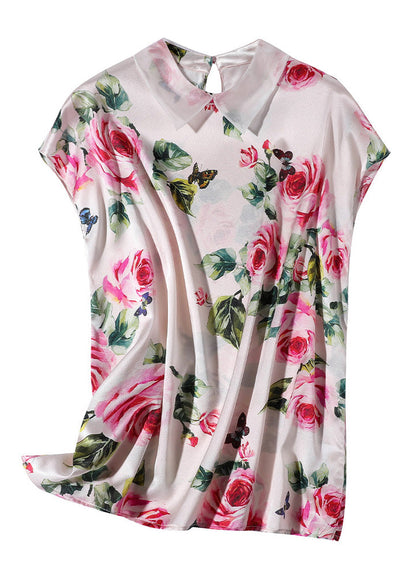 Italian Pink Peter Pan Collar Print Silk Tops Short Sleeve Summer