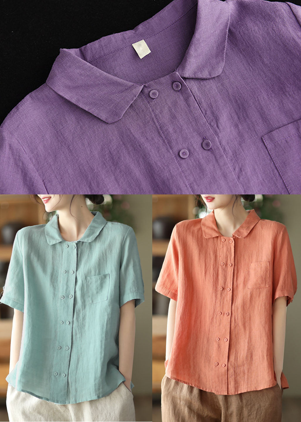 Light Blue Double Breast Linen Shirt Tops Short Sleeve