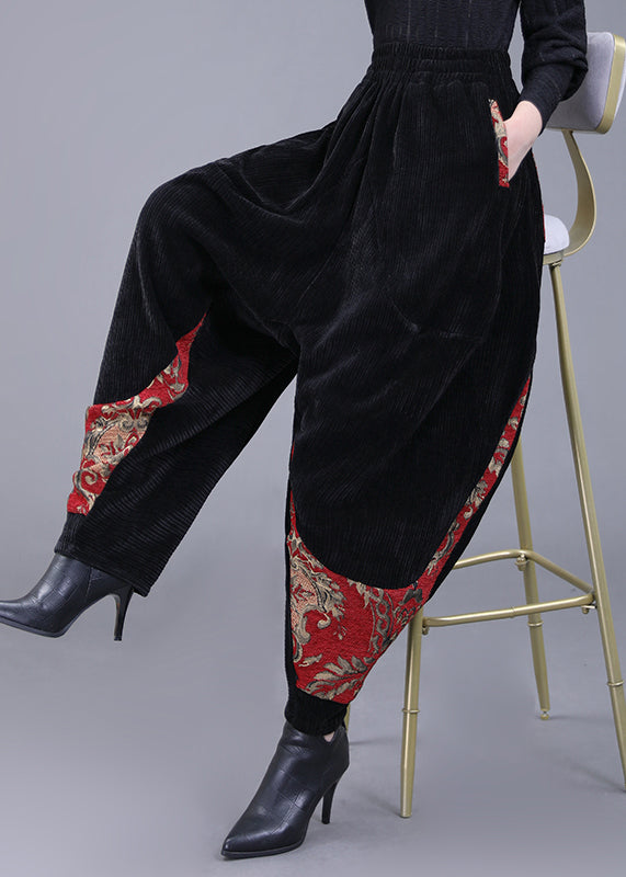 Black Pockets Embroideried Corduroy Lantern Pants Fall