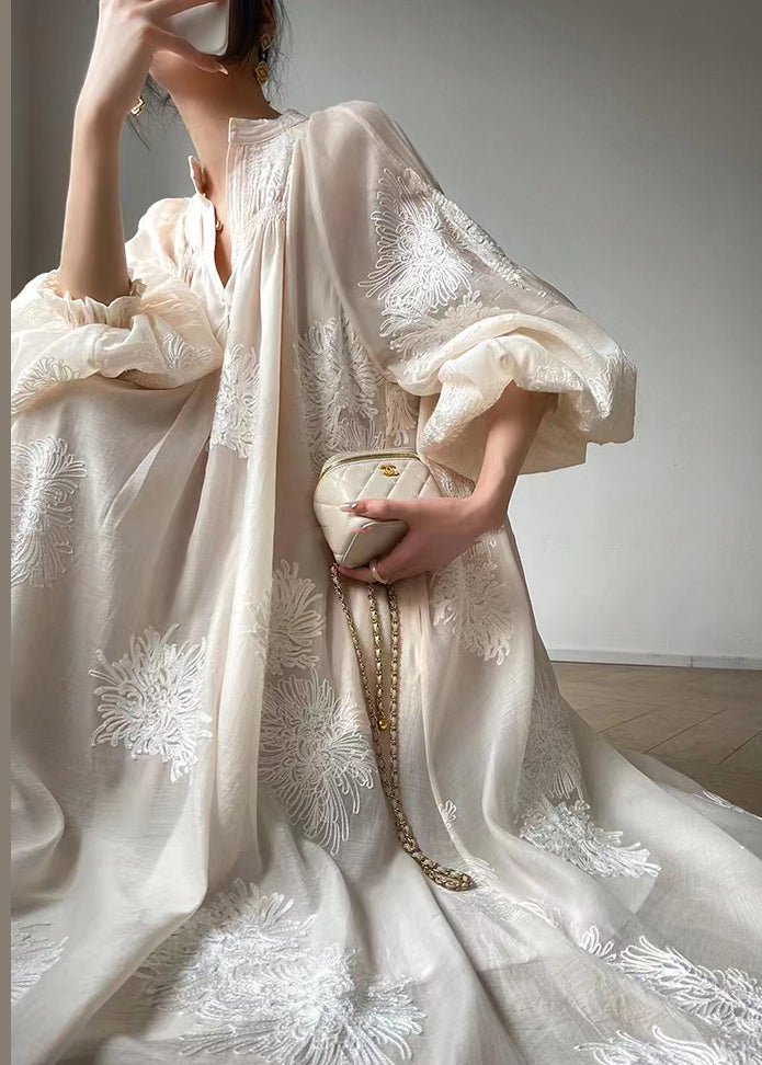Boutique Apricot Embroideried Patchwork Chiffon Dresses Lantern Sleeve Spring
