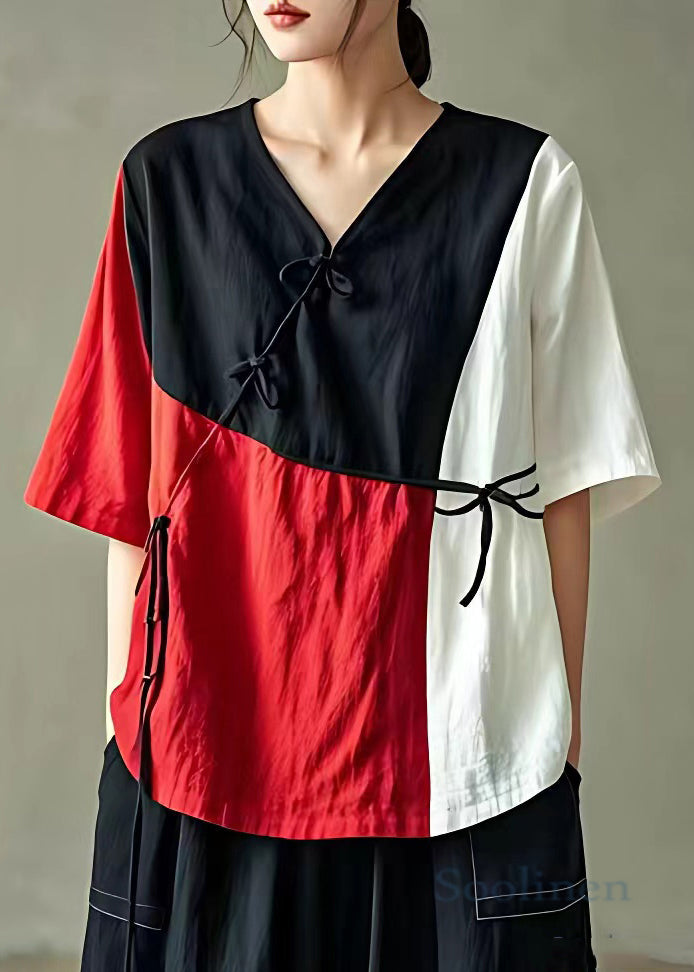 Black V Neck Button Cotton Blouse Summer
