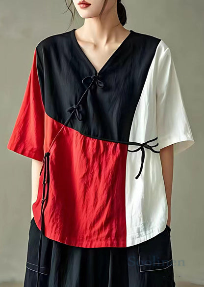 Black V Neck Button Cotton Blouse Summer