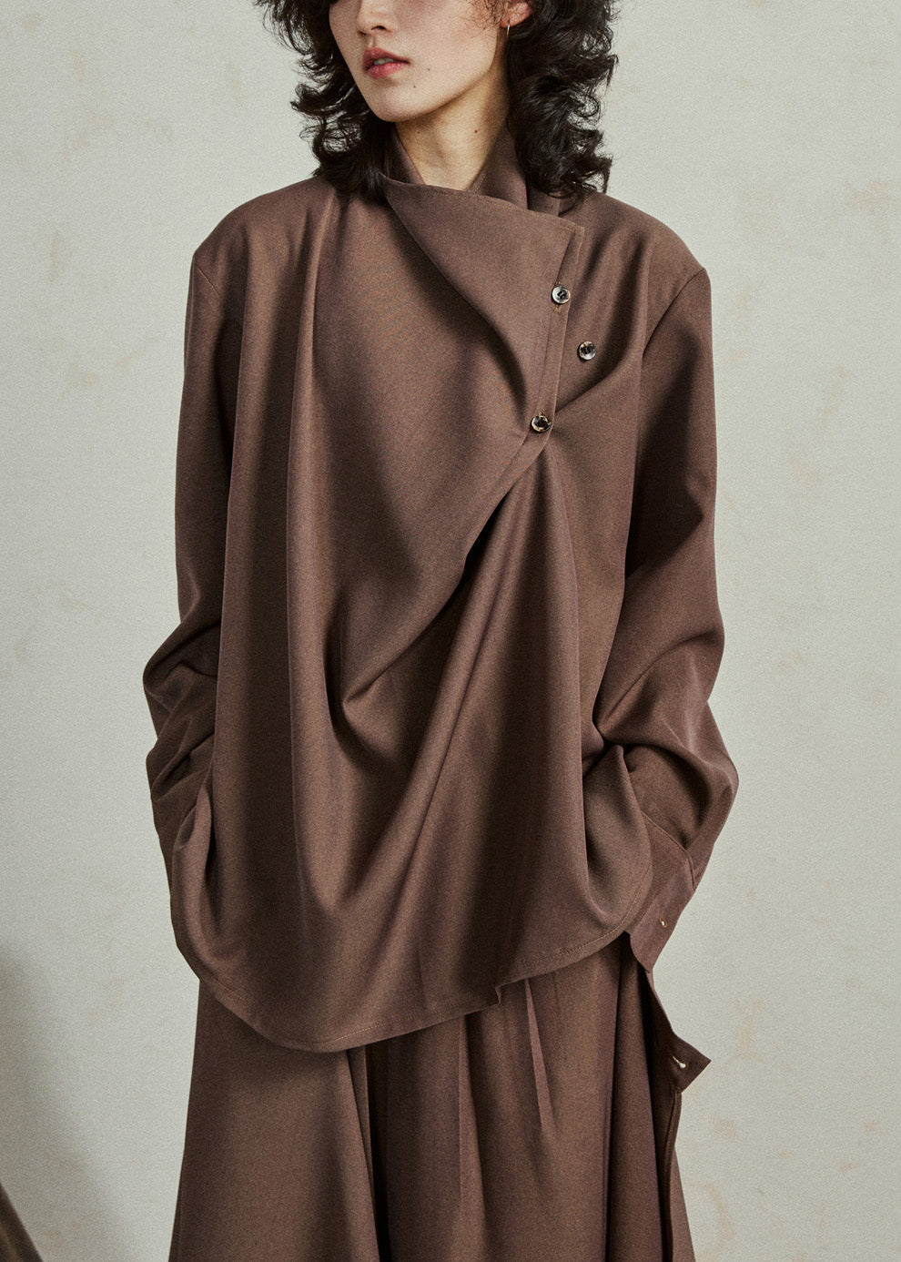 Fine Coffee Asymmetrical Button Shirt Lantern Sleeve Spring
