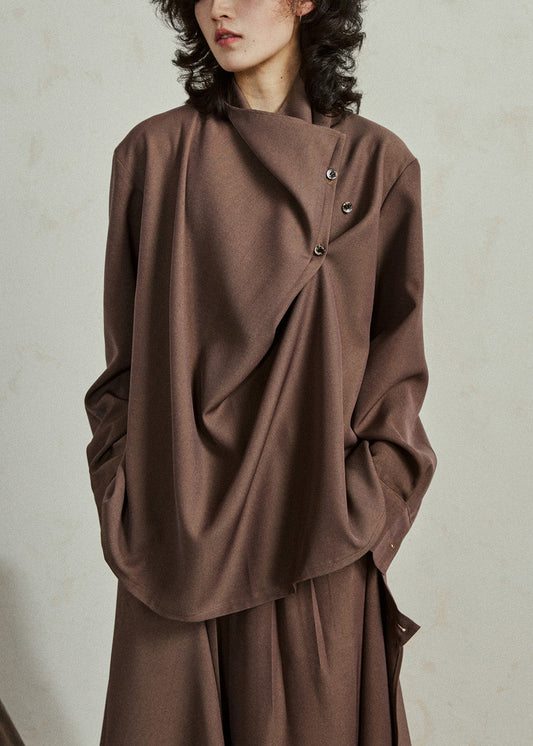 Fine Coffee Asymmetrical Button Shirt Lantern Sleeve Spring