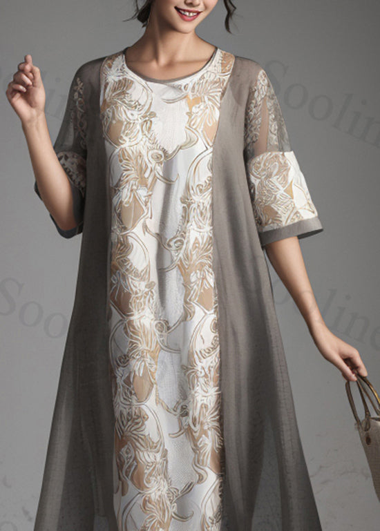 Classy Grey O Neck Print Patchwork Silk Dresses Summer