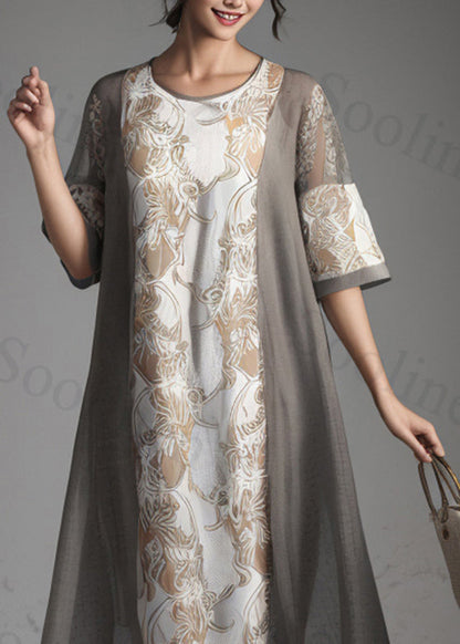 Classy Grey O Neck Print Patchwork Silk Dresses Summer