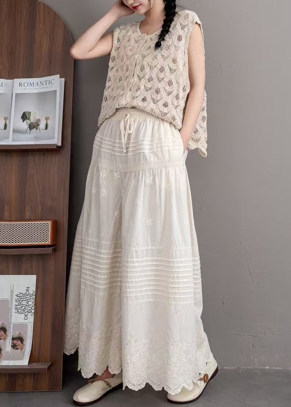 Beige Embroidered Wrinkled Cotton Pants Summer