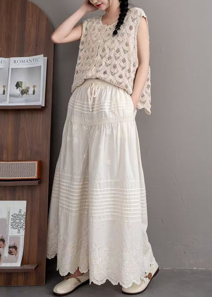 Beige Embroidered Wrinkled Cotton Pants Summer