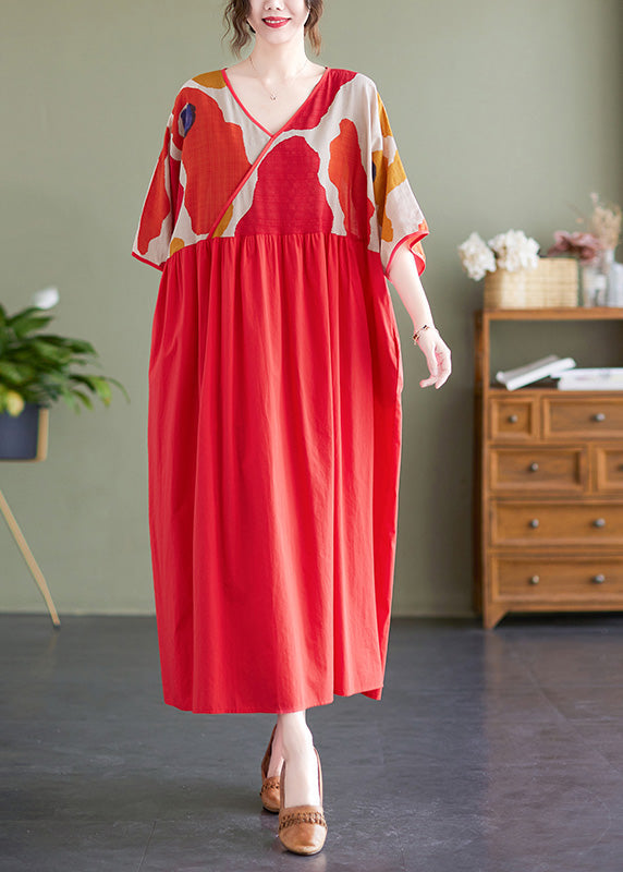 Red Patchwork Print Maxi Dresses Summer
