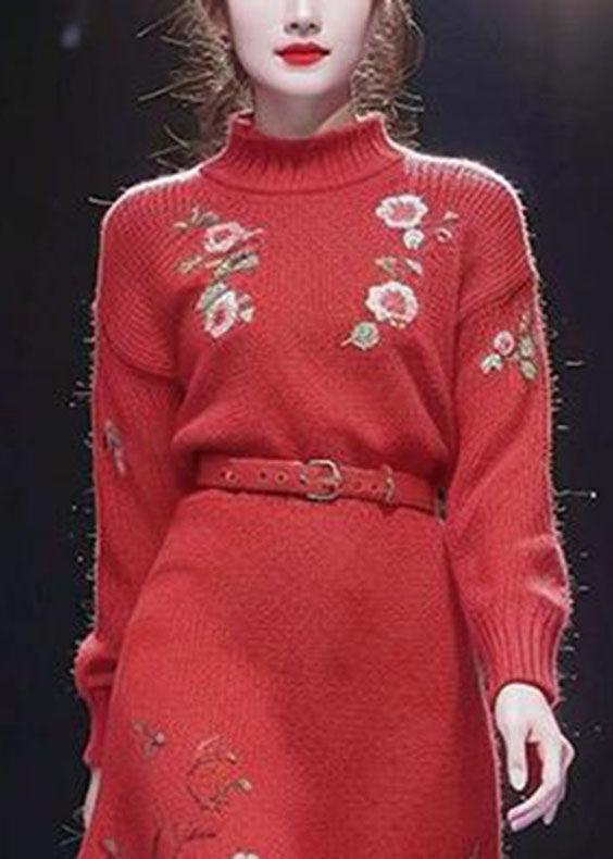 Vogue Red Turtleneck Sashes Cotton Knit Long Sweater Dress Winter