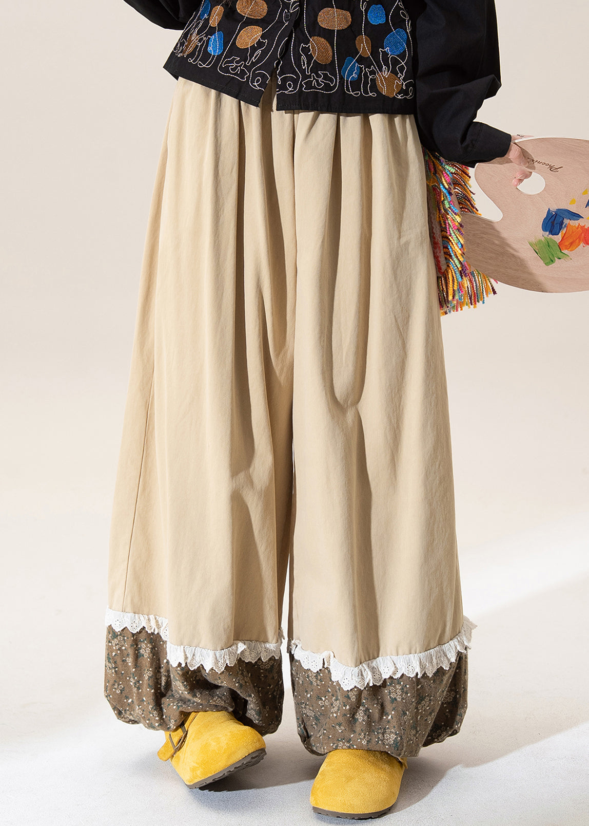 Khaki Print Patchwork Elastic Waist Cotton Pants Fall