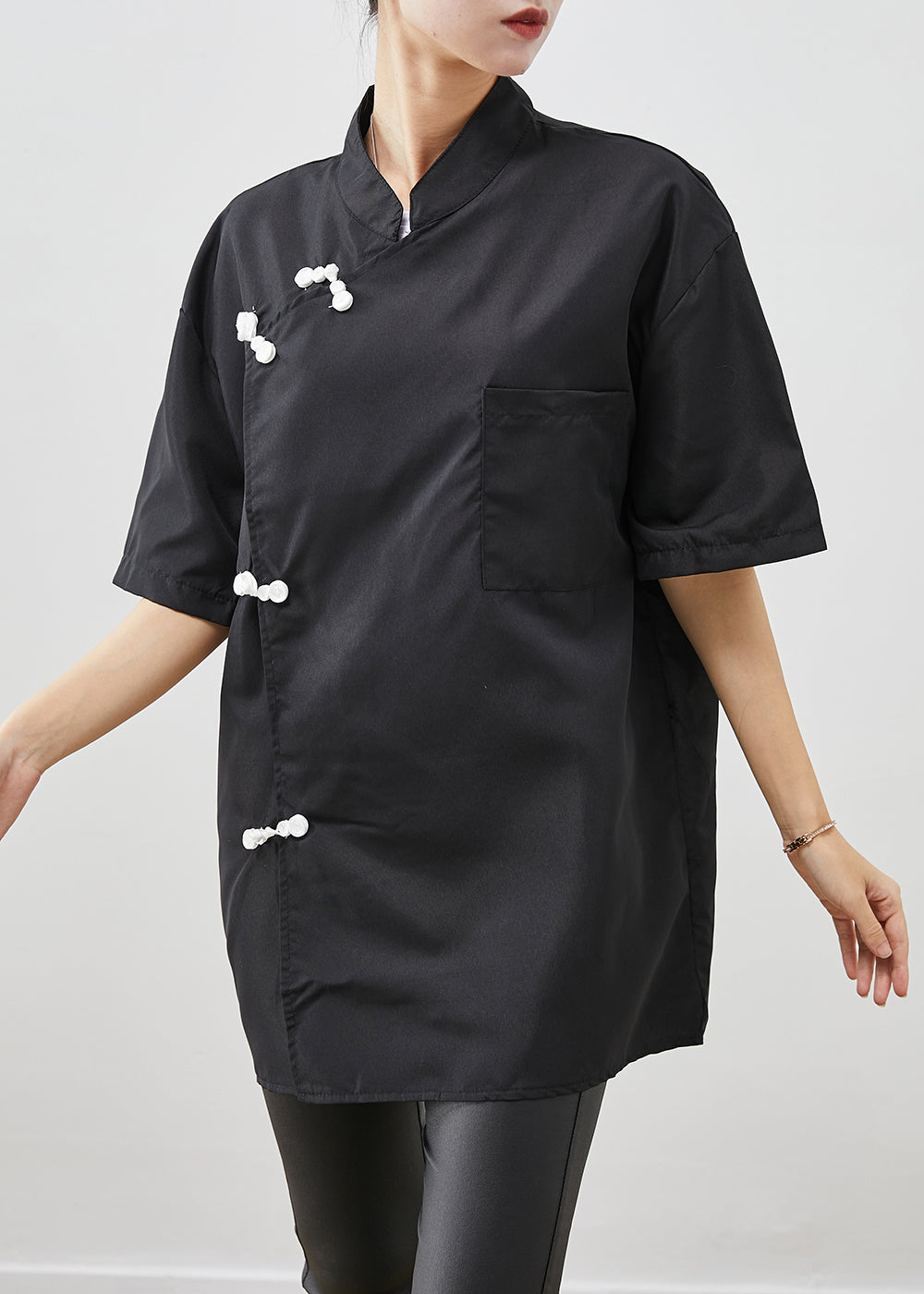 Black Oversized Chinese Style Cotton Shirt Short Sleeve