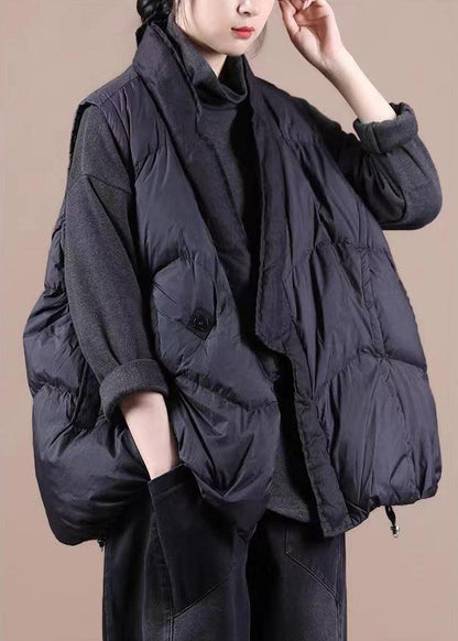 Black V Neck Pockets Patchwork Duck Down Waistcoat Sleeveless
