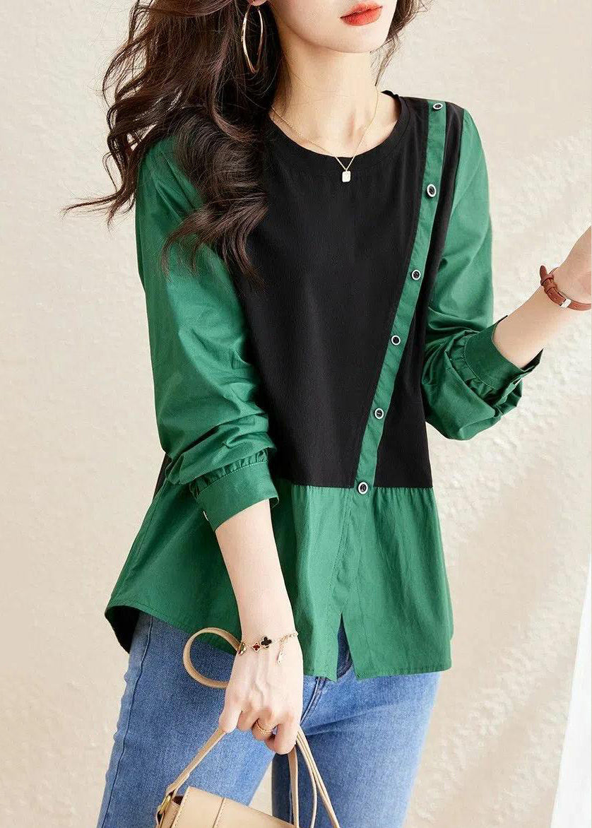 Green O-neck Asymmetrical Patchwork Wrinkled Top Long Sleeve