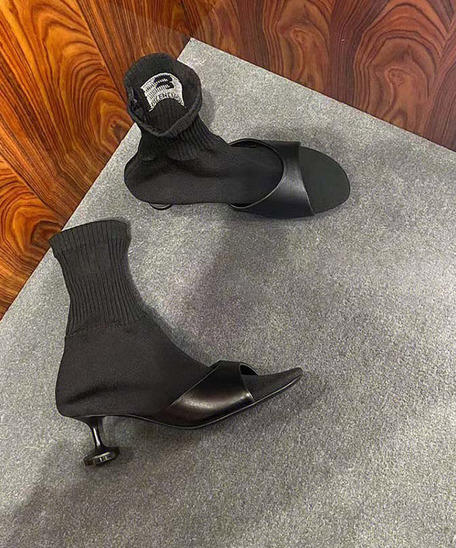 Black Knit Fabric Splicing Faux Leather Pointed Toe Kitten Boots
