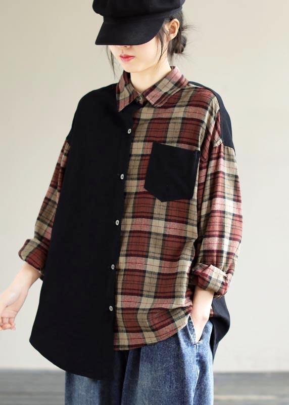 Loose Black Plaid for Lapel Patchwork Short Spring Top