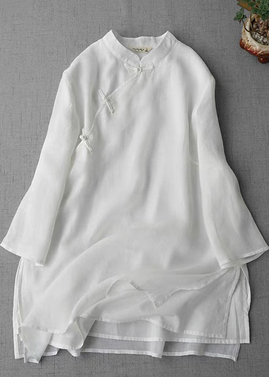 Yellow Stand Collar Chinese Button Linen Shirt Bracelet Sleeve