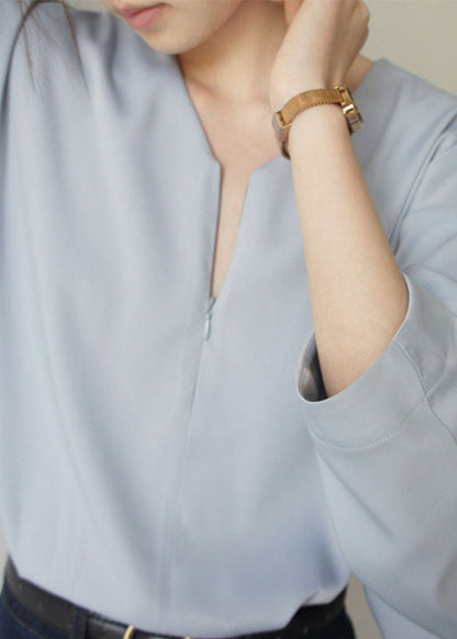 Loose Light Blue V Neck Chiffon Shirts Spring