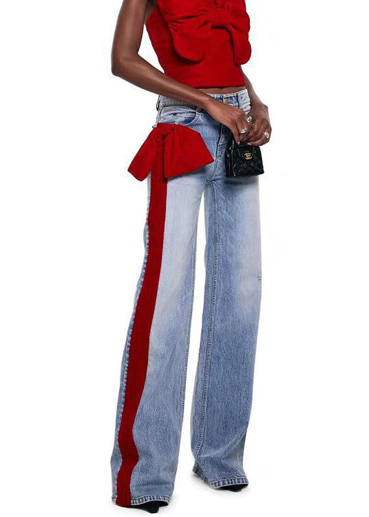 Red Pockets Bow Patchwork Denim Pants Fall