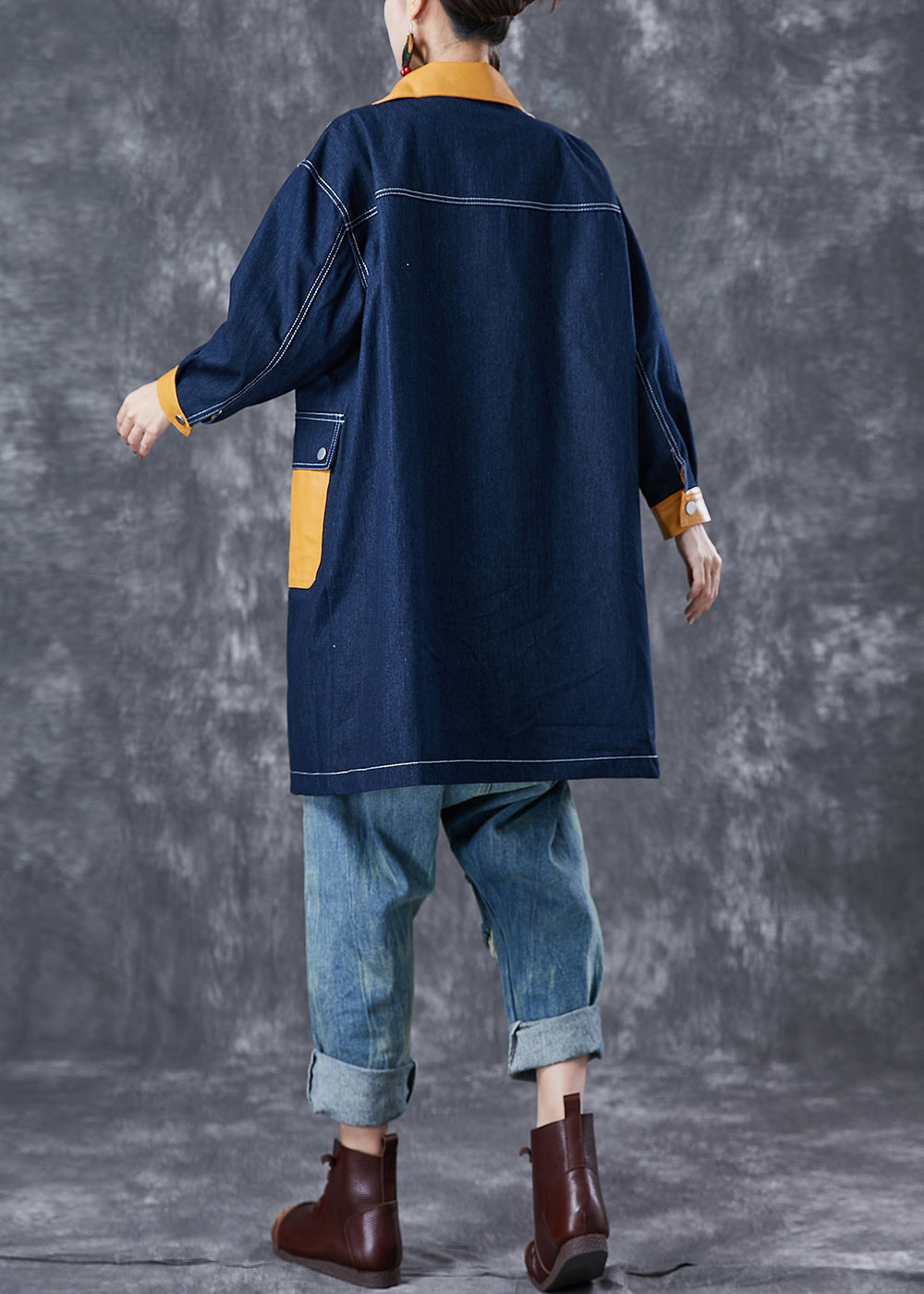 Navy Oversized Patchwork Pockets Denim Coat Outwear Fall