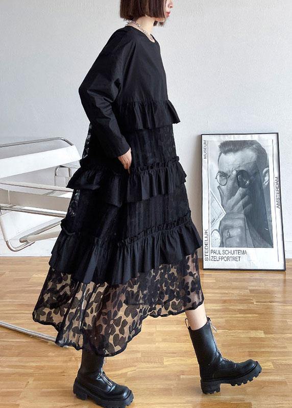 Black Ruffles Pockets Fall Lace Dresses