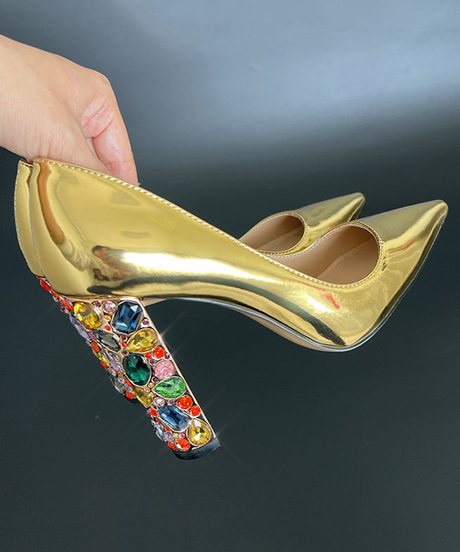 New Zircon Gold Pointed High Heels Cowhide Leather