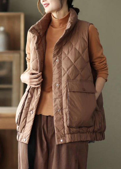 Coffee Stand Collar Pockets Patchwork Duck Down Waistcoat Sleeveless