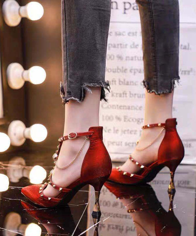 Mulberry Pointed Toe Hollow Out Rivet High Heel Sandals