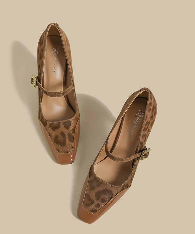 Brown Leopard Buckle Strap Splicing Stiletto High Heels Shoes