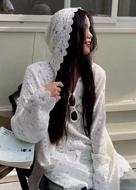 French White Hooded Patchwork Lace T Shirts Fall